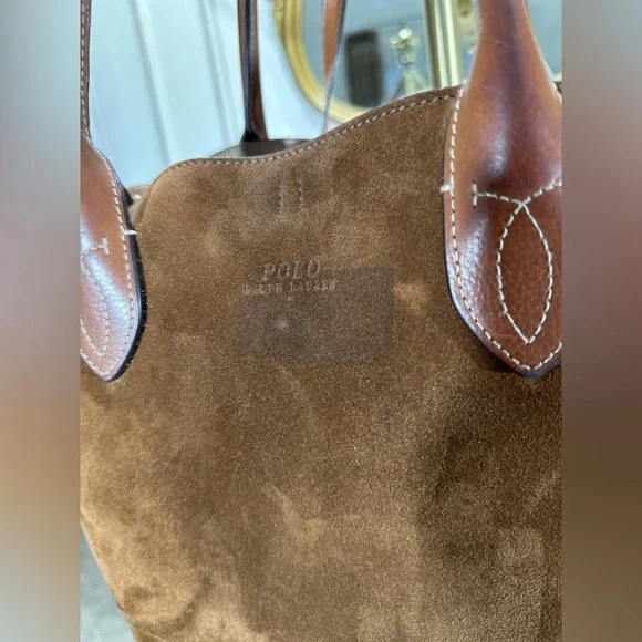 Polo Ralph Lauren Bellport Suede Leather Medium Tote Bag Brown Adjustable Strap - Picture 6 of 16